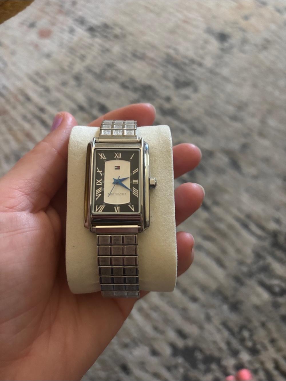 Tommy Hilfiger Silver Stainless Steel Rectangular Watch with Blue Hands
